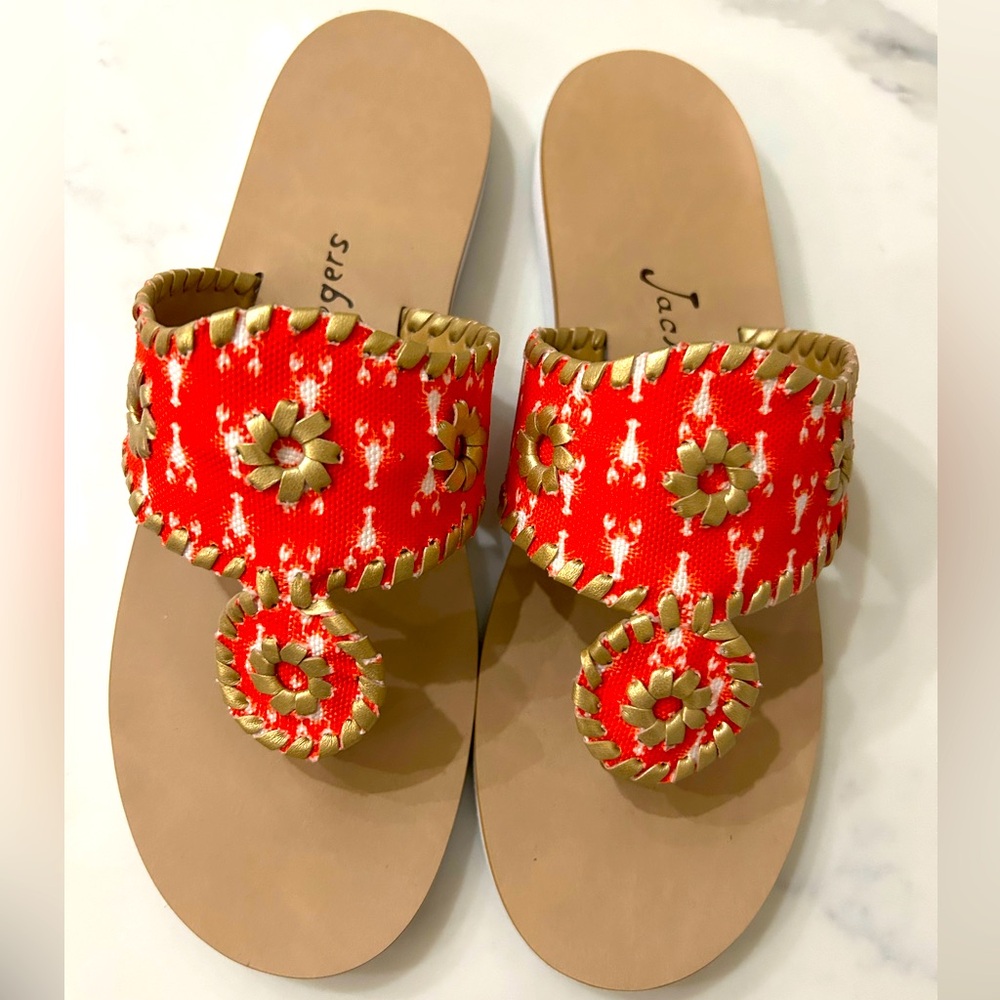 NEW!! Jack Rogers Captiva Sandal in orange/gold with lobster print - size 7.5